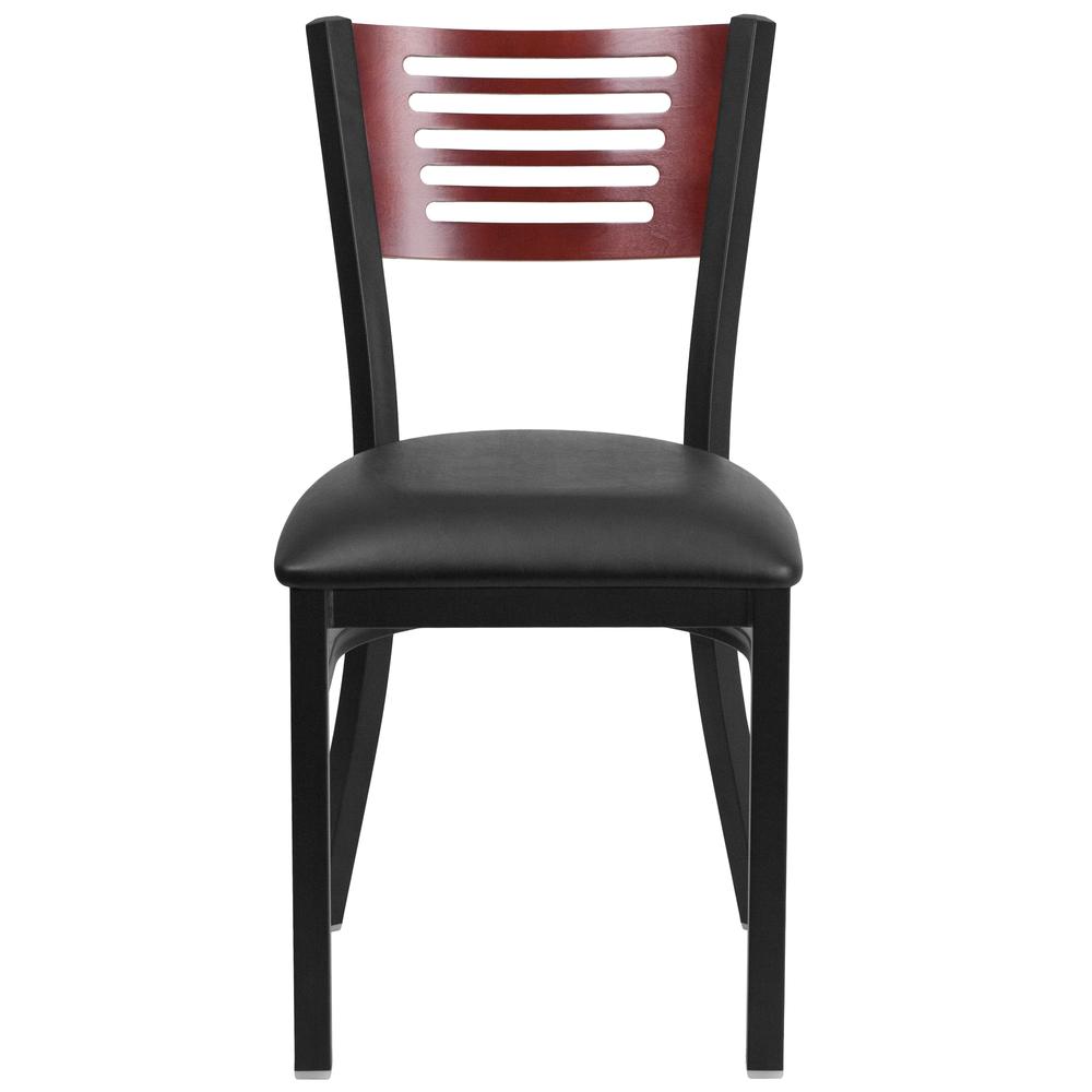 Black Slat Back Metal Restaurant Chair - Mahogany Wood Back, Black Vinyl Seat. Picture 4