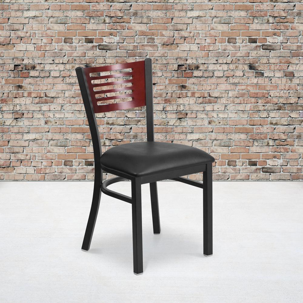 Black Slat Back Metal Restaurant Chair - Mahogany Wood Back, Black Vinyl Seat. Picture 5
