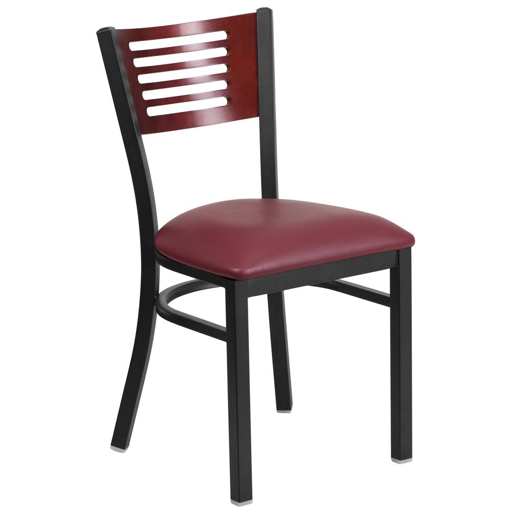 Black Slat Back Metal Restaurant Chair - Mahogany Wood Back, Burgundy Vinyl Seat. Picture 1