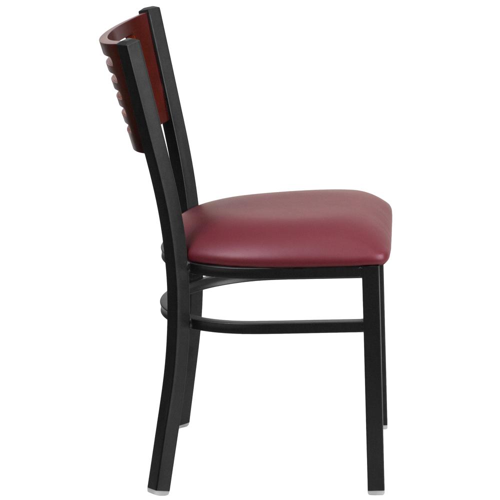Black Slat Back Metal Restaurant Chair - Mahogany Wood Back, Burgundy Vinyl Seat. Picture 2