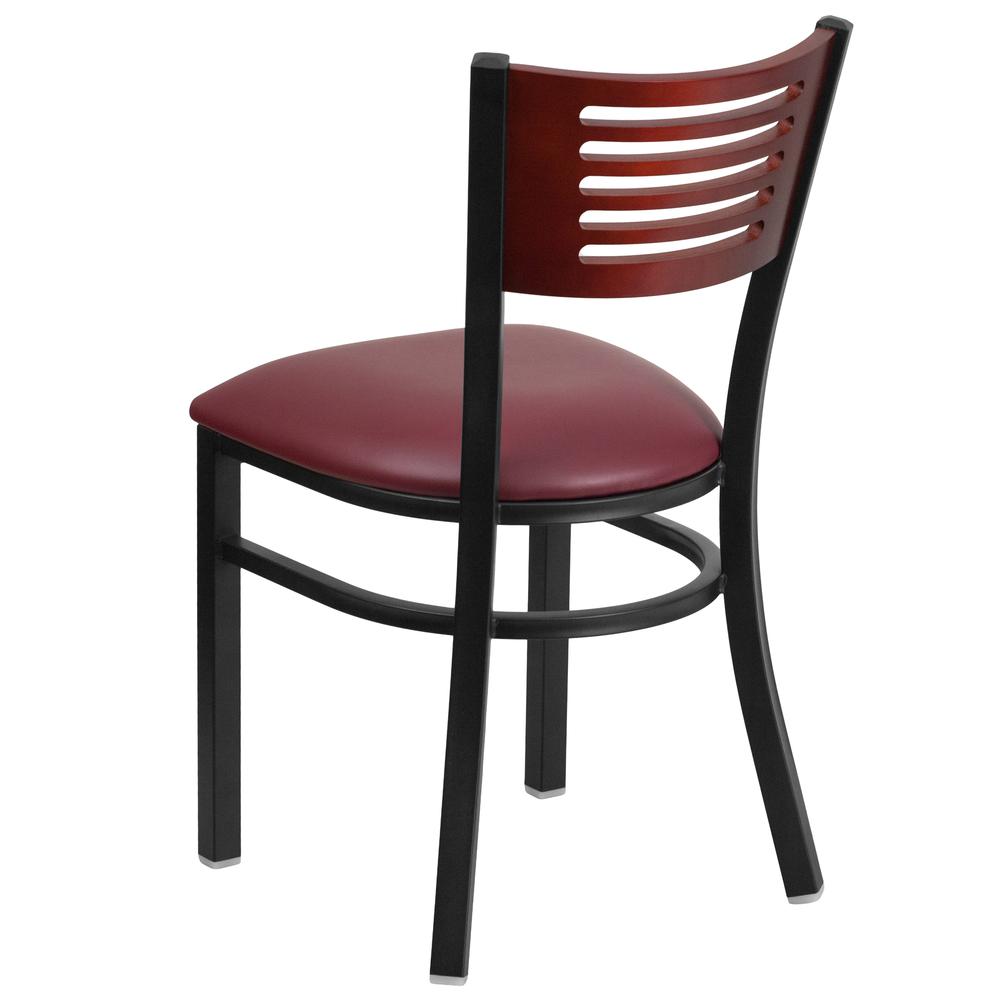 HERCULES Series Black Slat Back Metal Restaurant Chair - Mahogany Wood Back, Burgundy Vinyl Seat. Picture 3