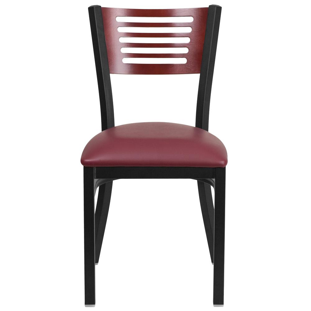 HERCULES Series Black Slat Back Metal Restaurant Chair - Mahogany Wood Back, Burgundy Vinyl Seat. Picture 4