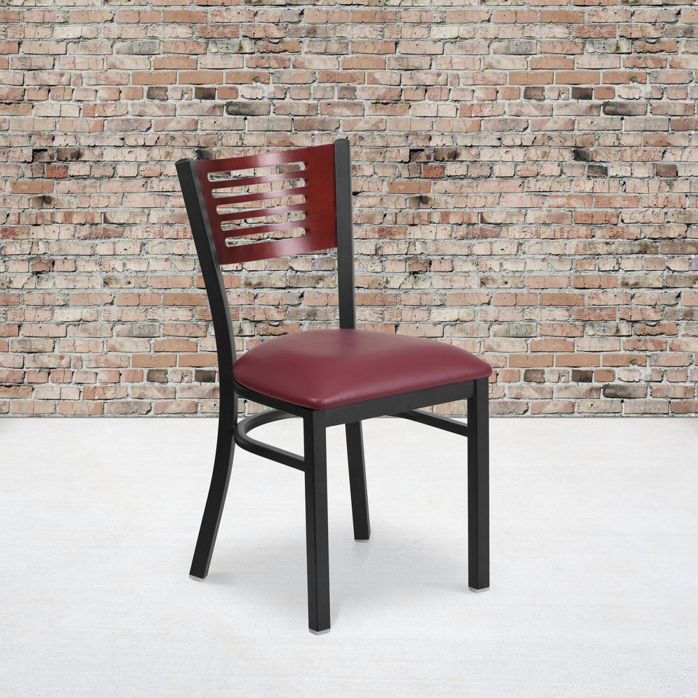Black Slat Back Metal Restaurant Chair - Mahogany Wood Back, Burgundy Vinyl Seat. Picture 5
