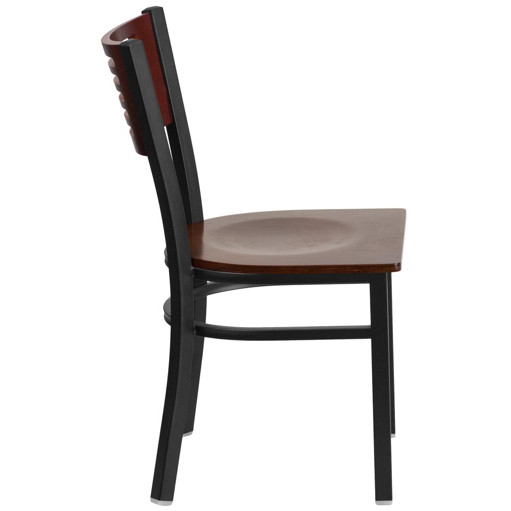 Black Slat Back Metal Restaurant Chair - Mahogany Wood Back & Seat. Picture 2
