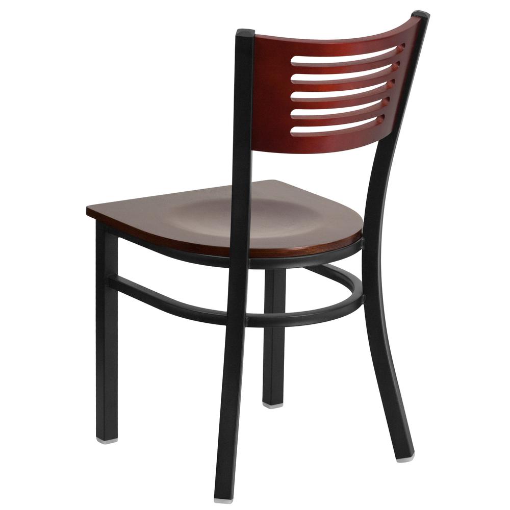 Black Slat Back Metal Restaurant Chair - Mahogany Wood Back & Seat. Picture 3