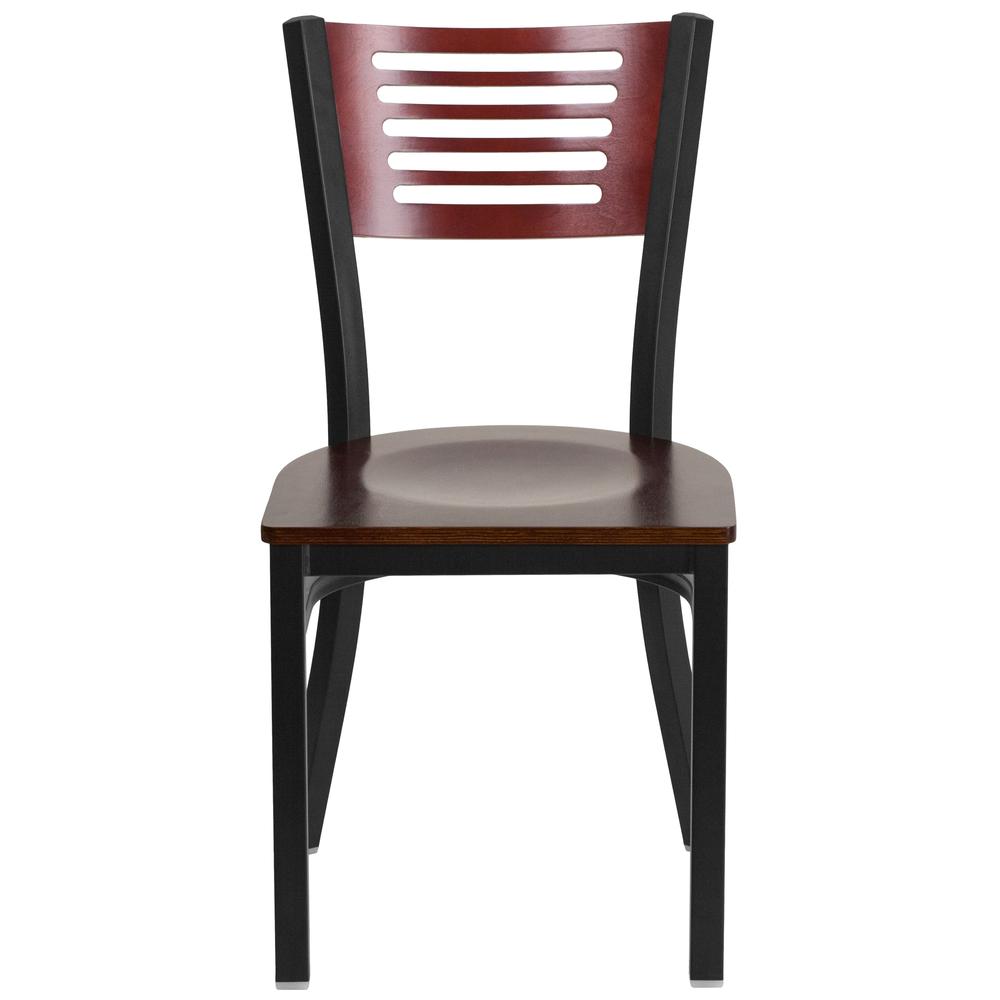 Black Slat Back Metal Restaurant Chair - Mahogany Wood Back & Seat. Picture 4