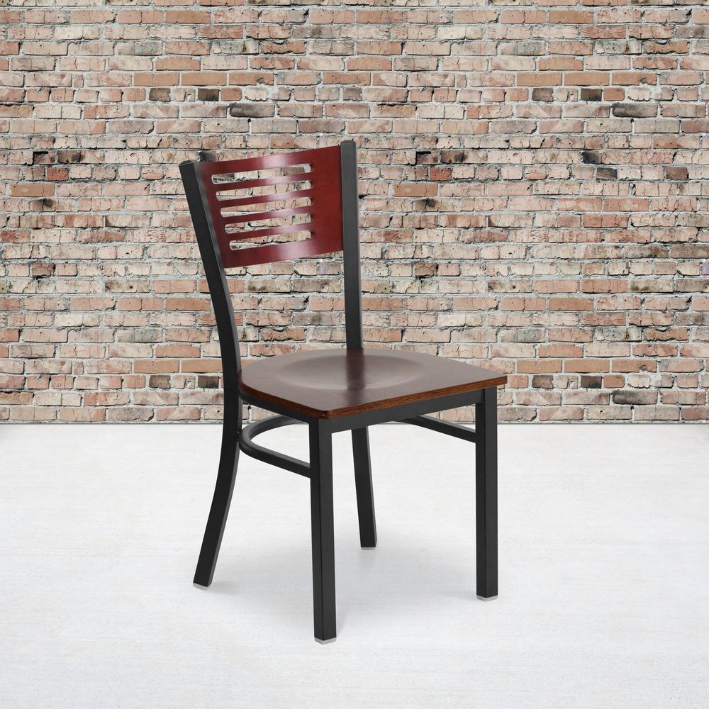 Black Slat Back Metal Restaurant Chair - Mahogany Wood Back & Seat. Picture 5