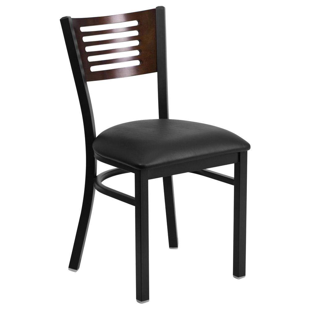 Black Slat Back Metal Restaurant Chair - Walnut Wood Back, Black Vinyl Seat. Picture 1