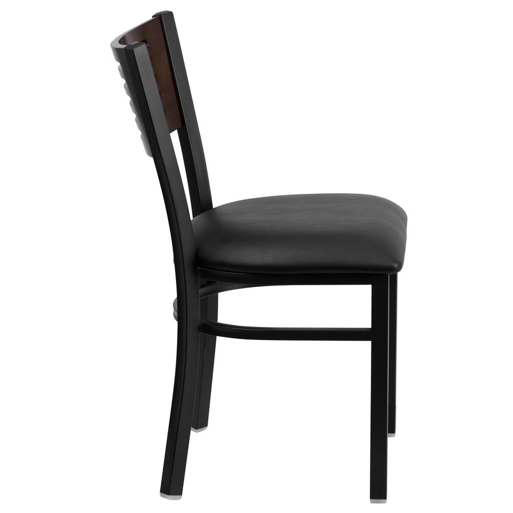 Black Slat Back Metal Restaurant Chair - Walnut Wood Back, Black Vinyl Seat. Picture 2