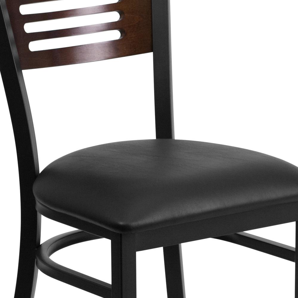 Black Slat Back Metal Restaurant Chair - Walnut Wood Back, Black Vinyl Seat. Picture 5