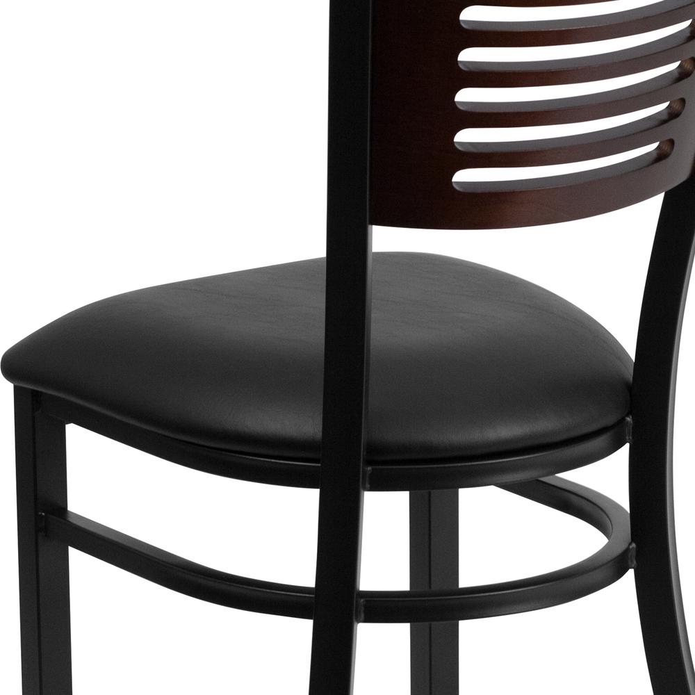 Black Slat Back Metal Restaurant Chair - Walnut Wood Back, Black Vinyl Seat. Picture 6