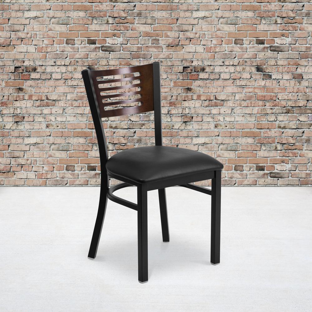 Black Slat Back Metal Restaurant Chair - Walnut Wood Back, Black Vinyl Seat. Picture 7