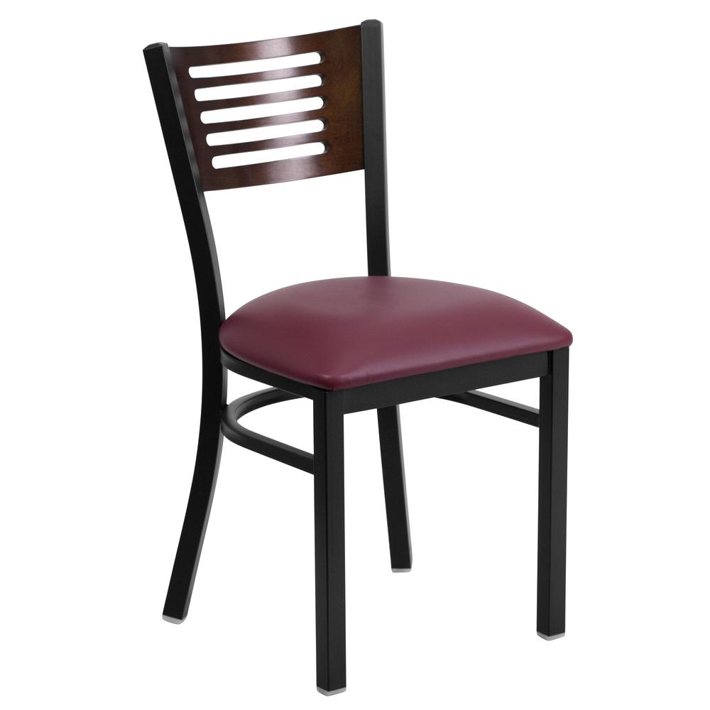 Black Slat Back Metal Restaurant Chair - Walnut Wood Back, Burgundy Vinyl Seat. Picture 1