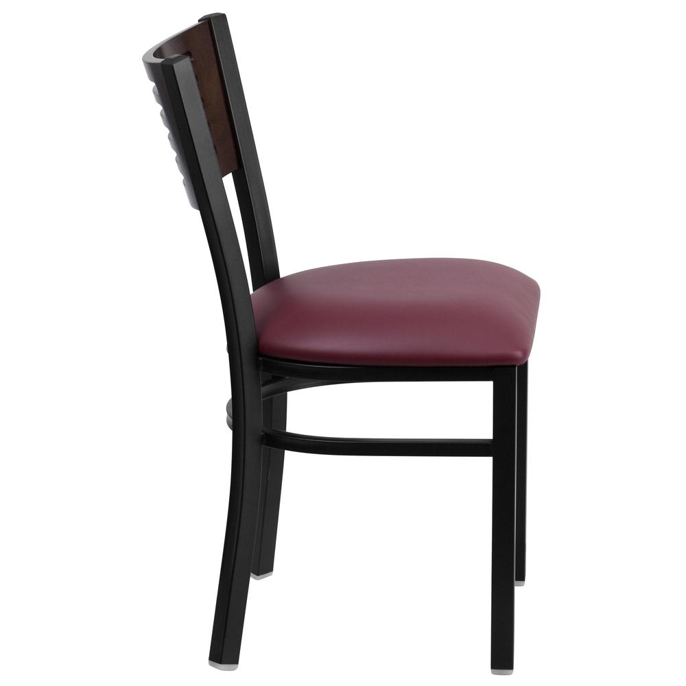 Black Slat Back Metal Restaurant Chair - Walnut Wood Back, Burgundy Vinyl Seat. Picture 2