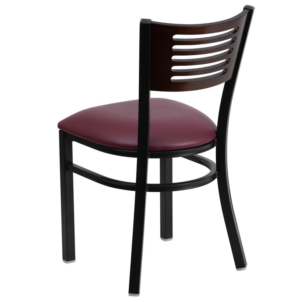 Black Slat Back Metal Restaurant Chair - Walnut Wood Back, Burgundy Vinyl Seat. Picture 3