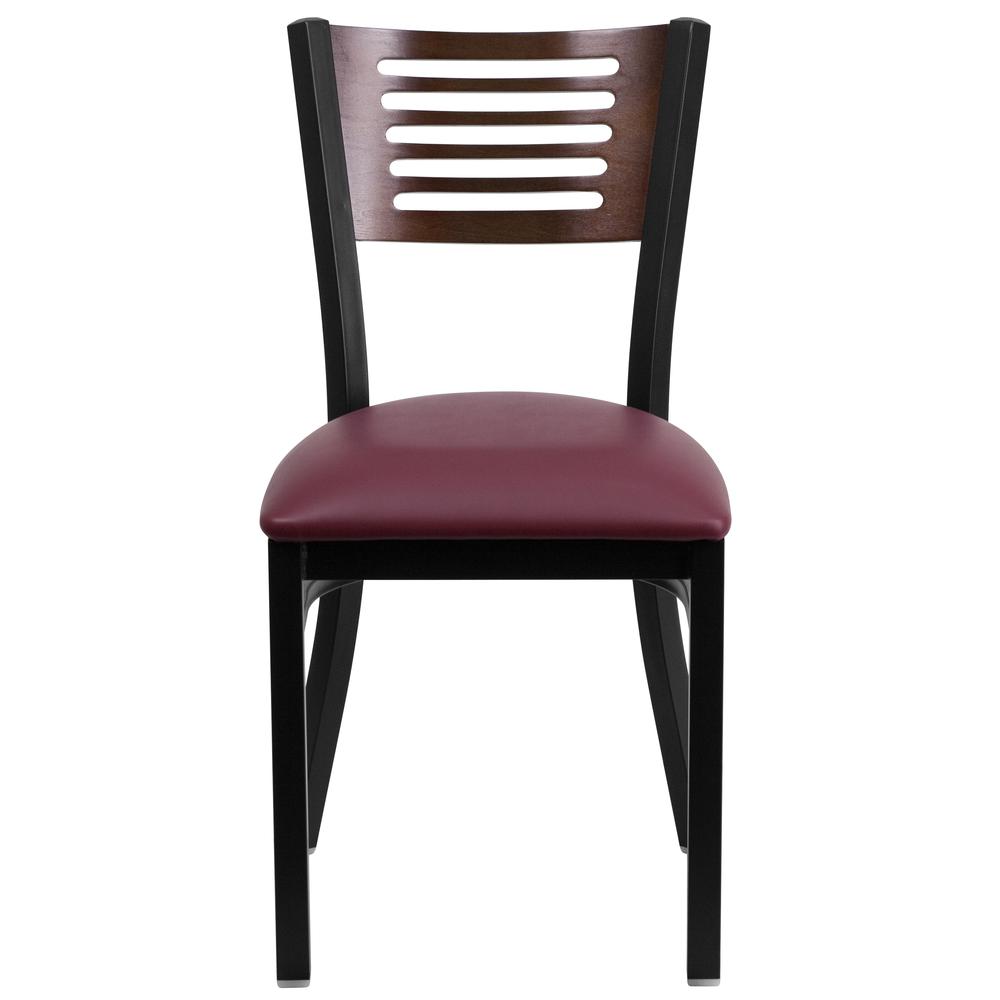 Black Slat Back Metal Restaurant Chair - Walnut Wood Back, Burgundy Vinyl Seat. Picture 4