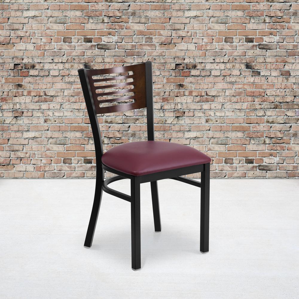 Black Slat Back Metal Restaurant Chair - Walnut Wood Back, Burgundy Vinyl Seat. Picture 5