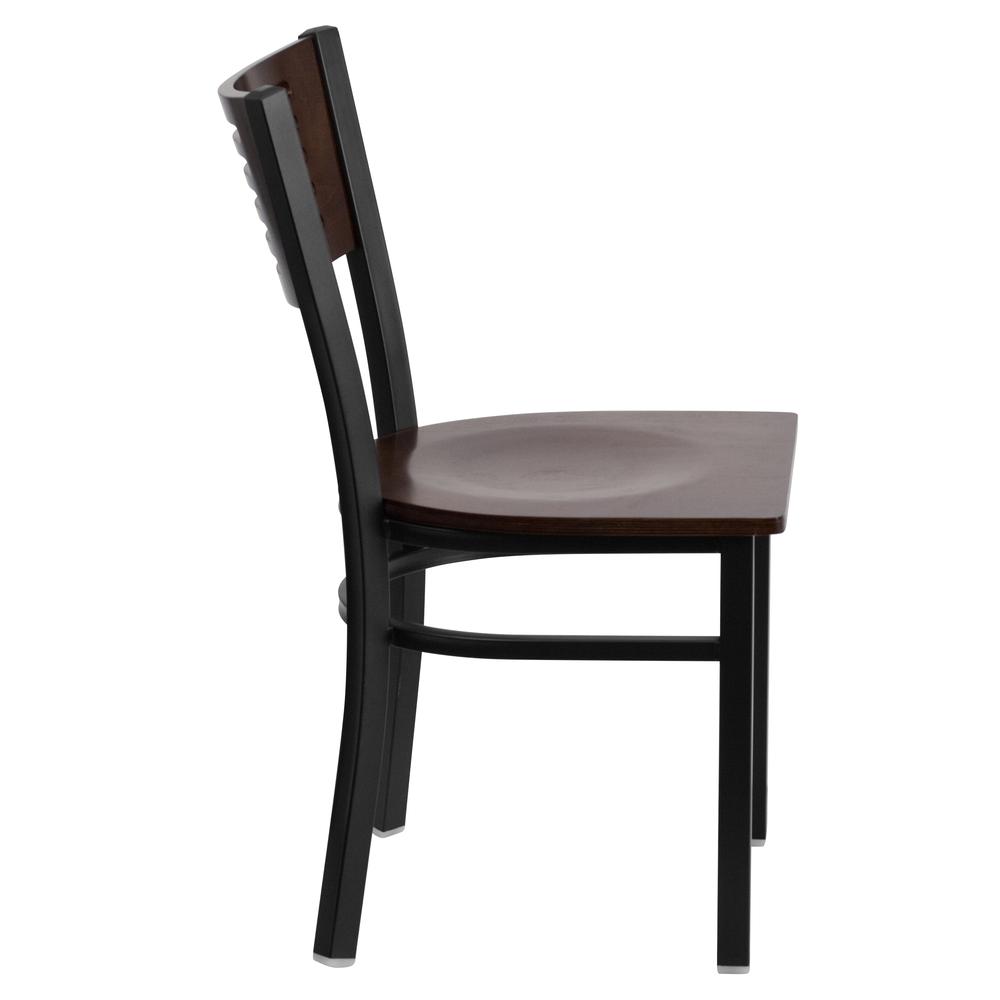 Black Slat Back Metal Restaurant Chair - Walnut Wood Back & Seat. Picture 2
