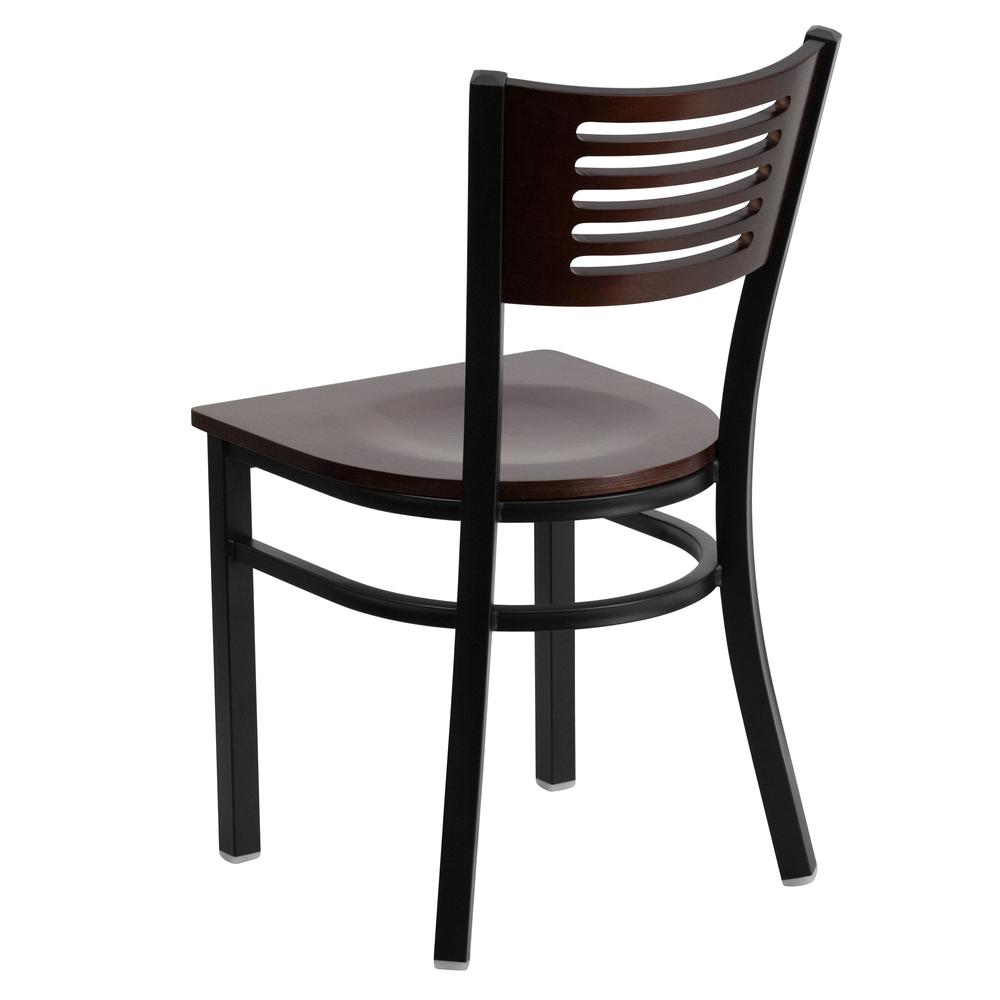 Black Slat Back Metal Restaurant Chair - Walnut Wood Back & Seat. Picture 3