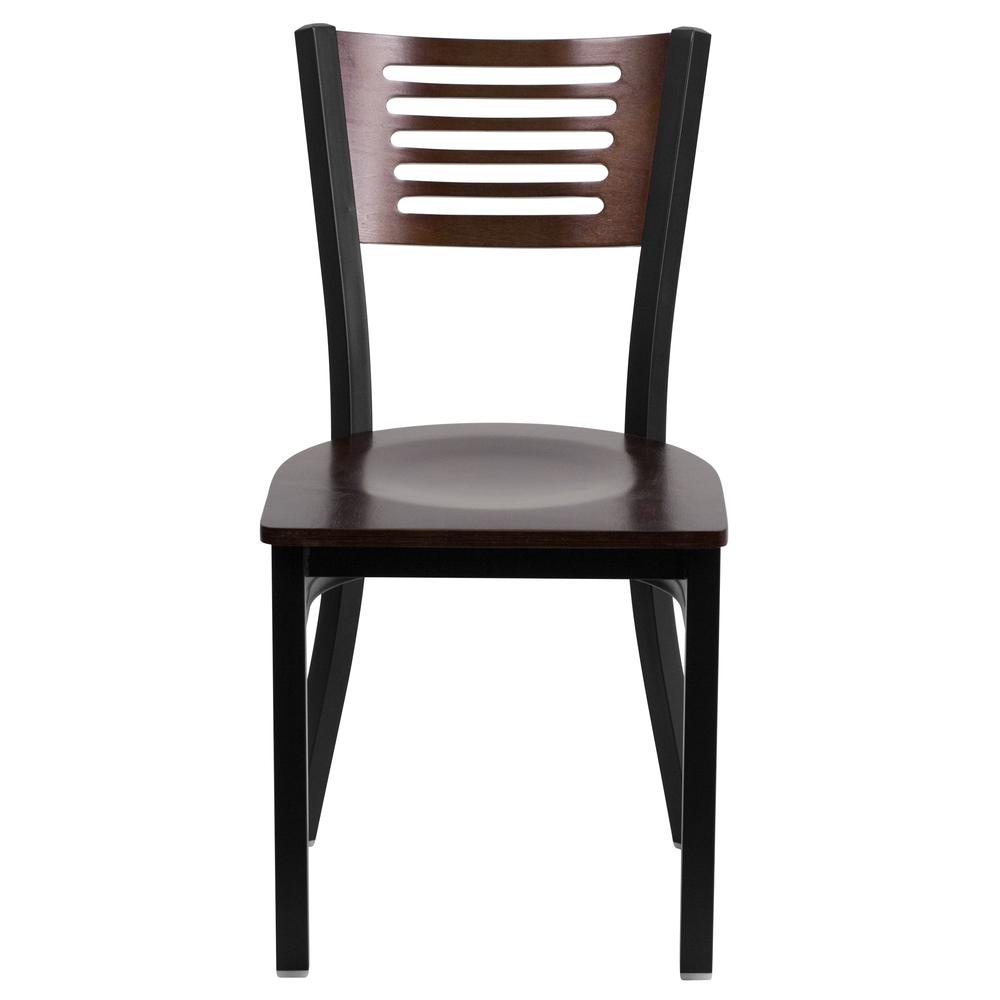 Black Slat Back Metal Restaurant Chair - Walnut Wood Back & Seat. Picture 4