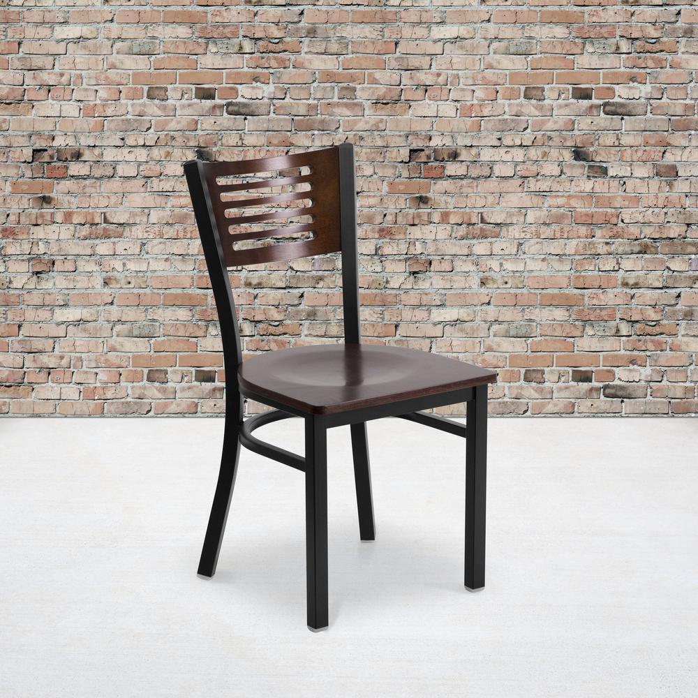 Black Slat Back Metal Restaurant Chair - Walnut Wood Back & Seat. Picture 5
