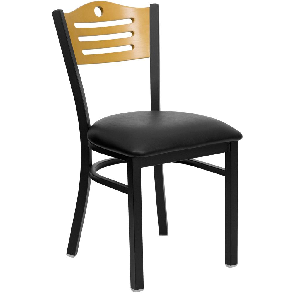 Black Slat Back Metal Restaurant Chair - Natural Wood Back, Black Vinyl Seat. Picture 1