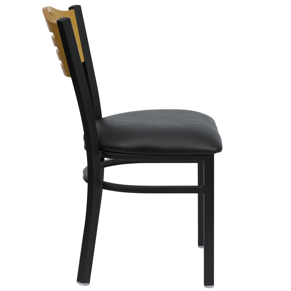 Black Slat Back Metal Restaurant Chair - Natural Wood Back, Black Vinyl Seat. Picture 2