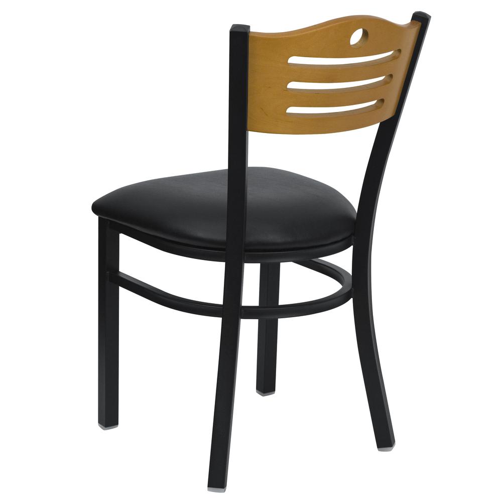 Black Slat Back Metal Restaurant Chair - Natural Wood Back, Black Vinyl Seat. Picture 3