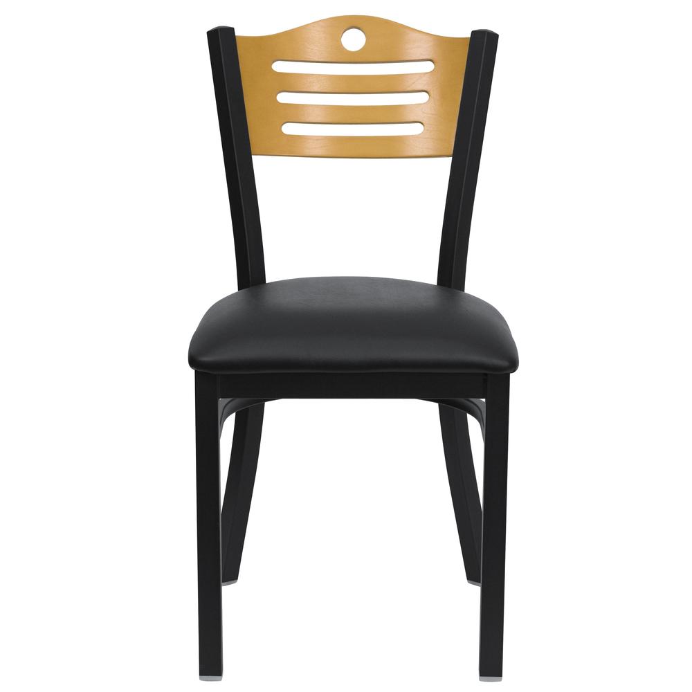 Black Slat Back Metal Restaurant Chair - Natural Wood Back, Black Vinyl Seat. Picture 4