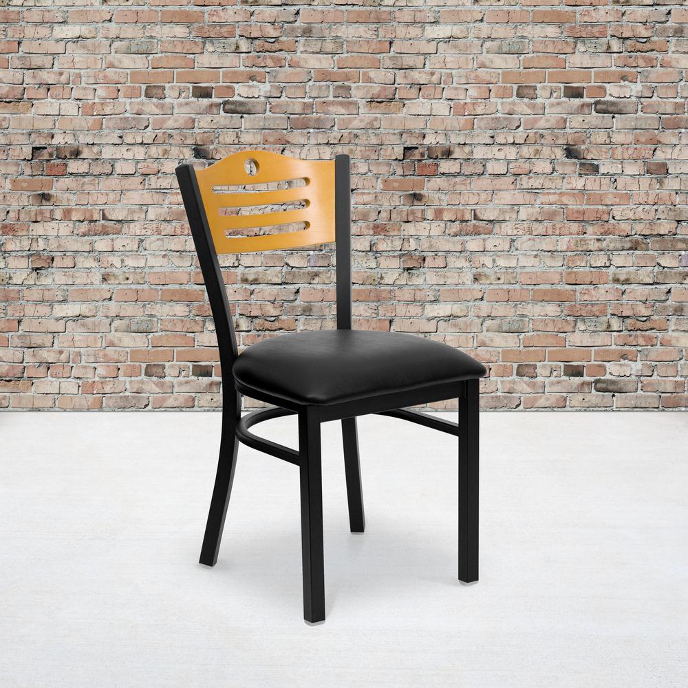 Black Slat Back Metal Restaurant Chair - Natural Wood Back, Black Vinyl Seat. Picture 5