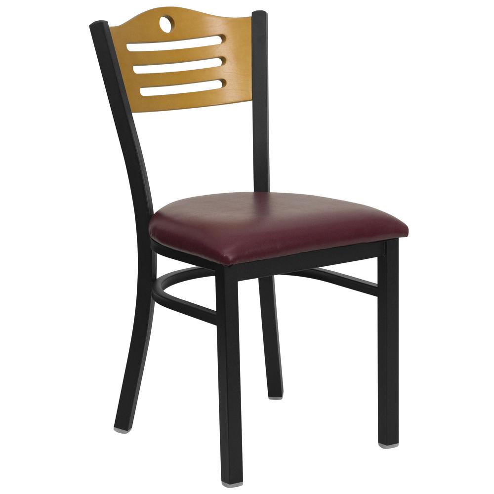 HERCULES Series Black Slat Back Metal Restaurant Chair - Natural Wood Back, Burgundy Vinyl Seat. The main picture.