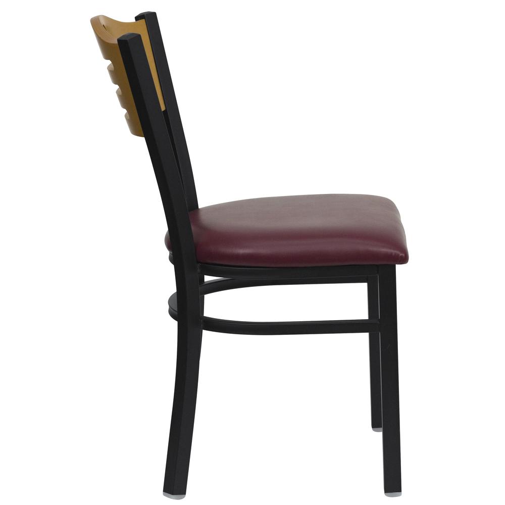 HERCULES Series Black Slat Back Metal Restaurant Chair - Natural Wood Back, Burgundy Vinyl Seat. Picture 2