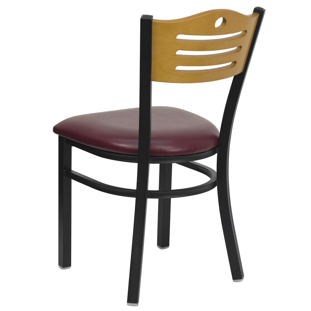 HERCULES Series Black Slat Back Metal Restaurant Chair - Natural Wood Back, Burgundy Vinyl Seat. Picture 3
