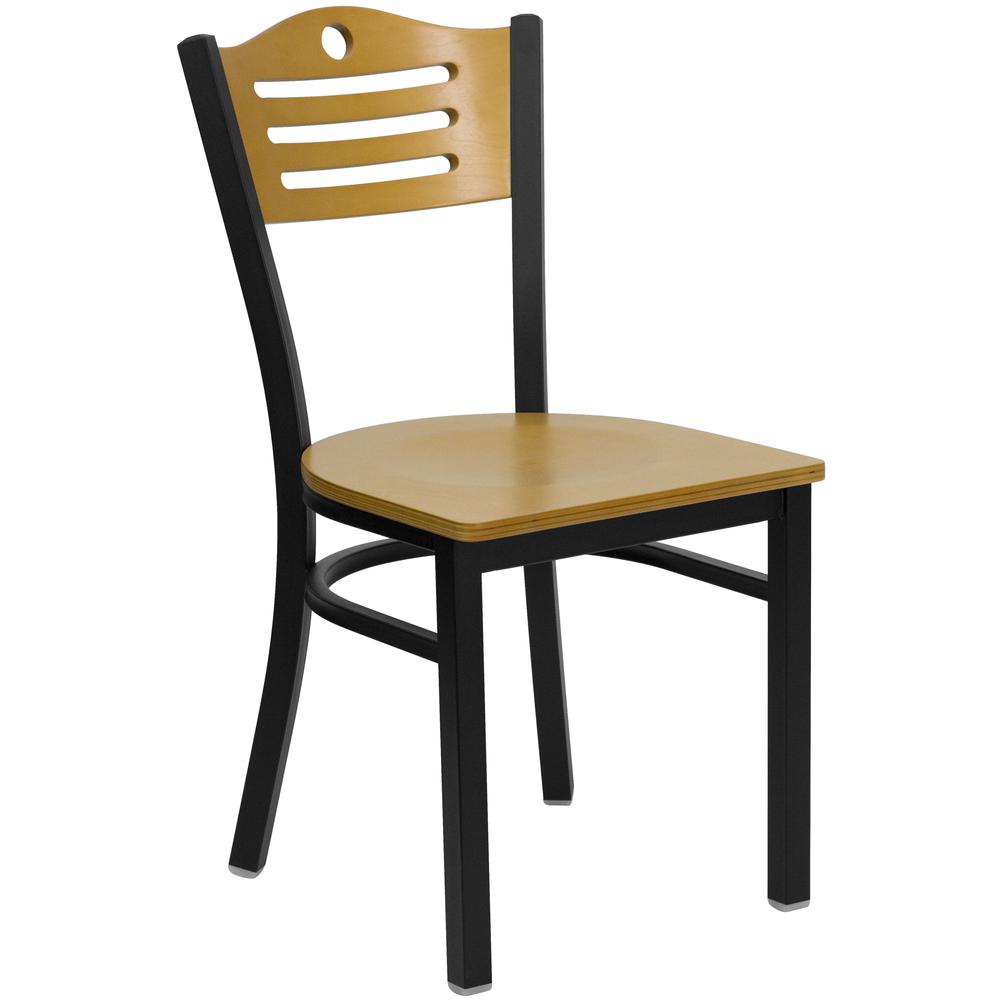 Black Slat Back Metal Restaurant Chair - Natural Wood Back & Seat. Picture 1