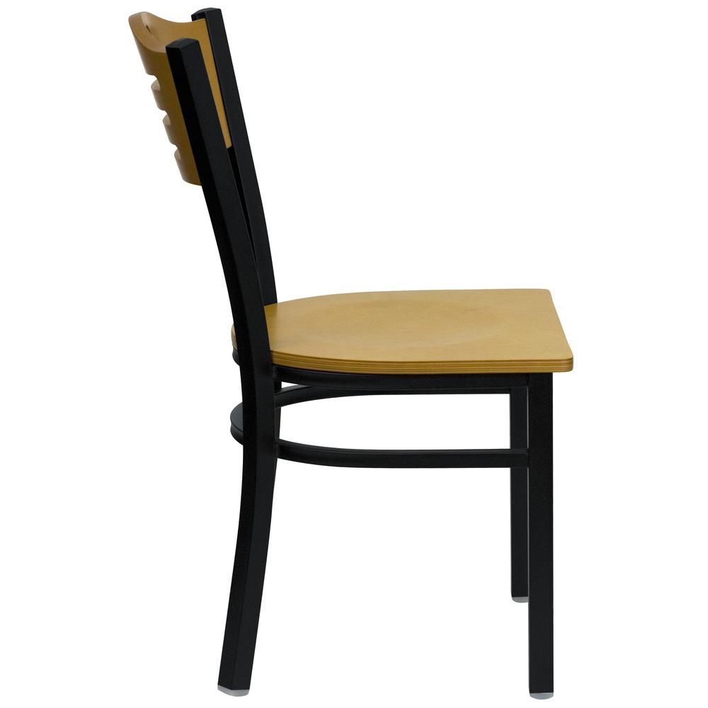 Black Slat Back Metal Restaurant Chair - Natural Wood Back & Seat. Picture 2