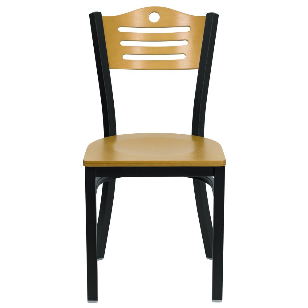 Black Slat Back Metal Restaurant Chair - Natural Wood Back & Seat. Picture 4