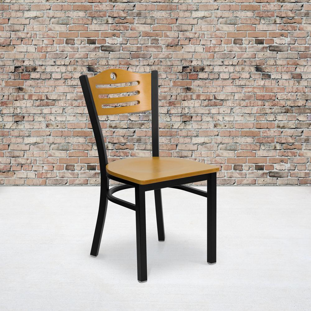 Black Slat Back Metal Restaurant Chair - Natural Wood Back & Seat. Picture 5