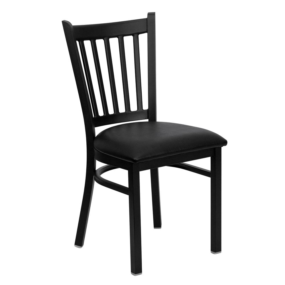 Black Vertical Back Metal Restaurant Chair - Black Vinyl Seat. Picture 1