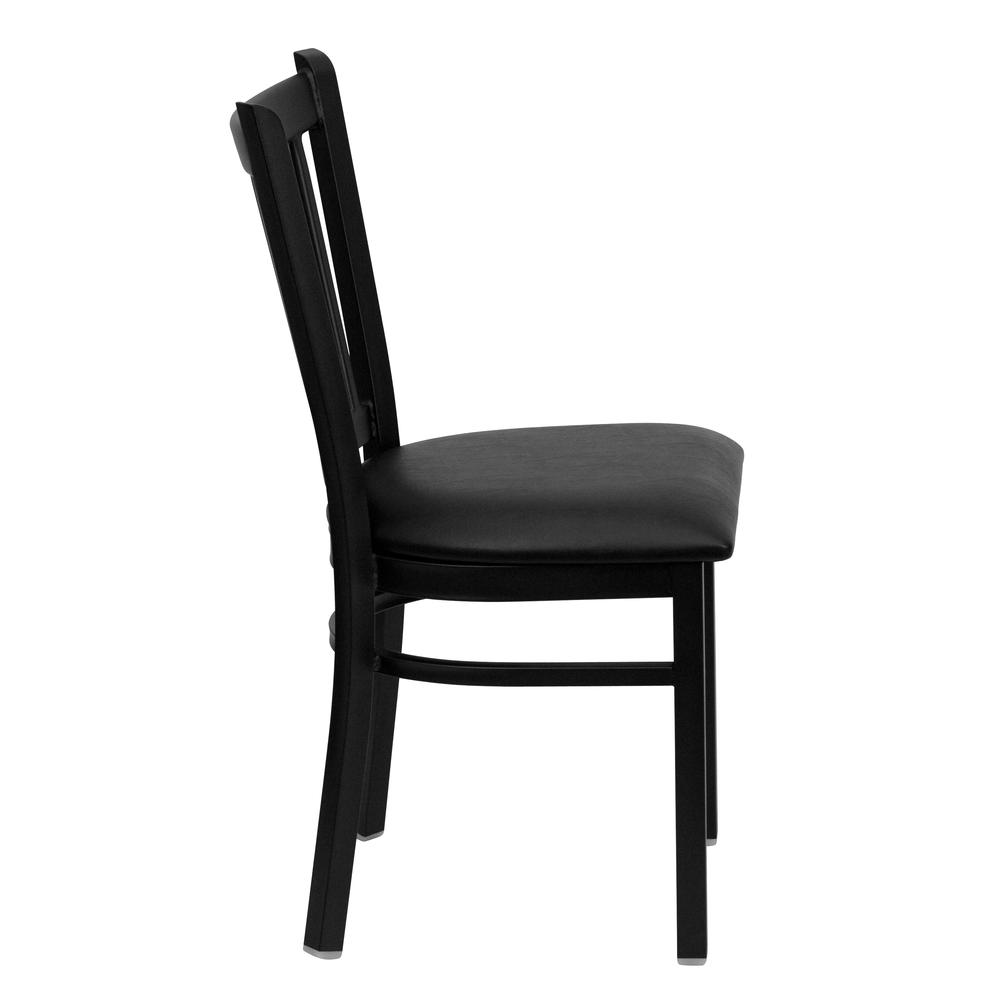 Black Vertical Back Metal Restaurant Chair - Black Vinyl Seat. Picture 2