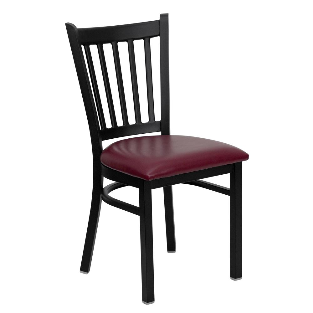 Black Vertical Back Metal Restaurant Chair - Burgundy Vinyl Seat. Picture 1