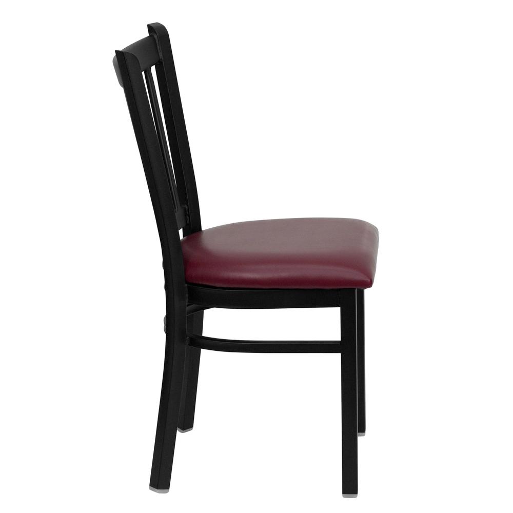 Black Vertical Back Metal Restaurant Chair - Burgundy Vinyl Seat. Picture 2