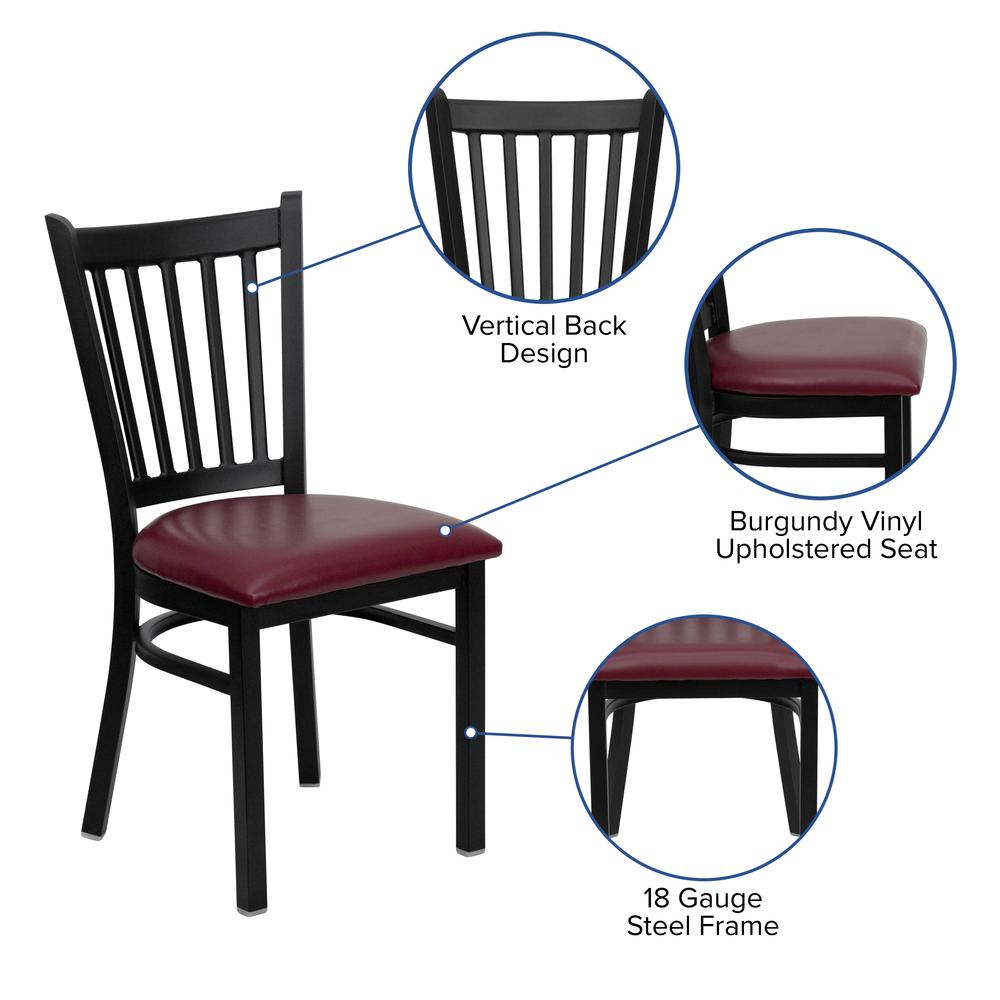Black Vertical Back Metal Restaurant Chair - Burgundy Vinyl Seat. Picture 5