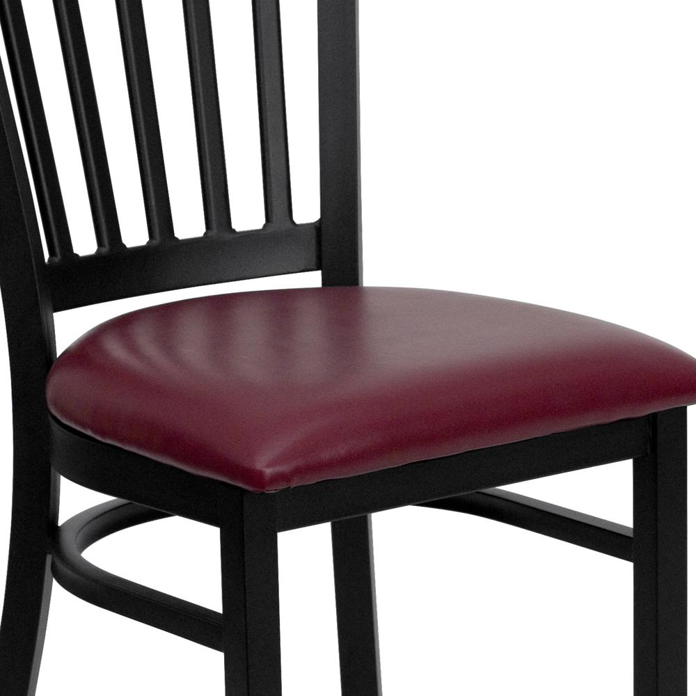 Black Vertical Back Metal Restaurant Chair - Burgundy Vinyl Seat. Picture 6