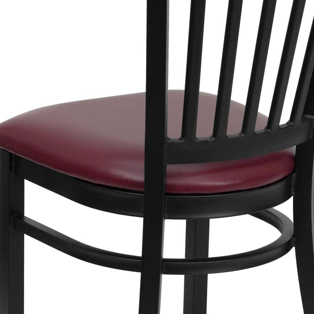 Black Vertical Back Metal Restaurant Chair - Burgundy Vinyl Seat. Picture 7