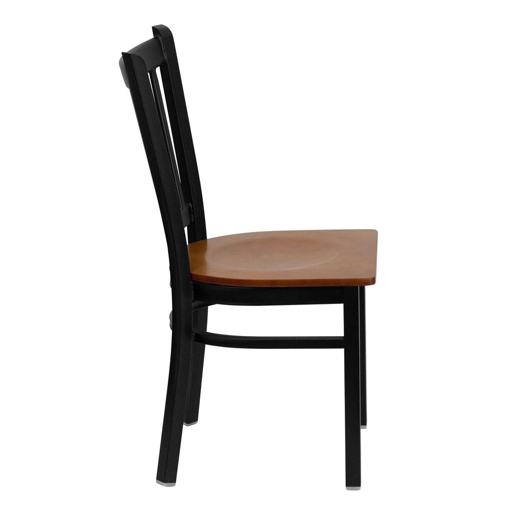 HERCULES Series Black Vertical Back Metal Restaurant Chair - Cherry Wood Seat. Picture 2