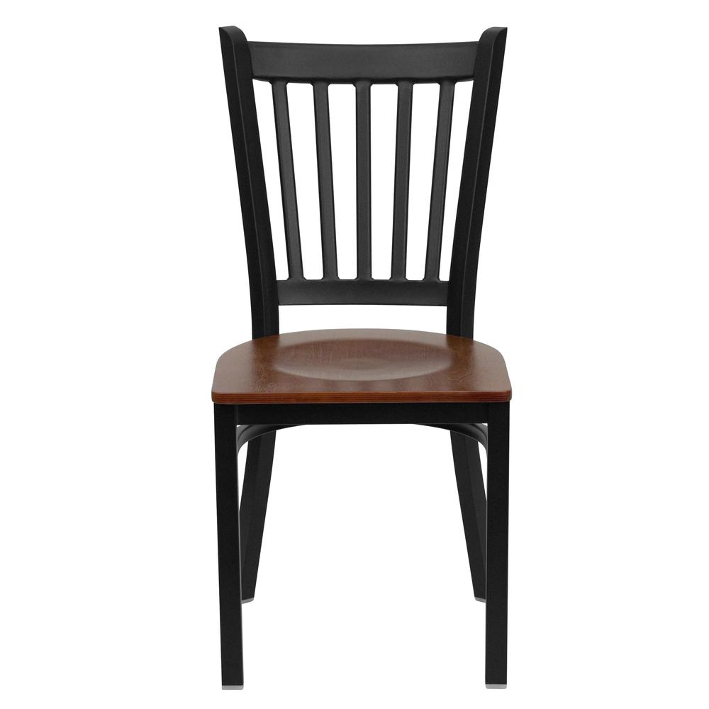 HERCULES Series Black Vertical Back Metal Restaurant Chair - Cherry Wood Seat. Picture 4