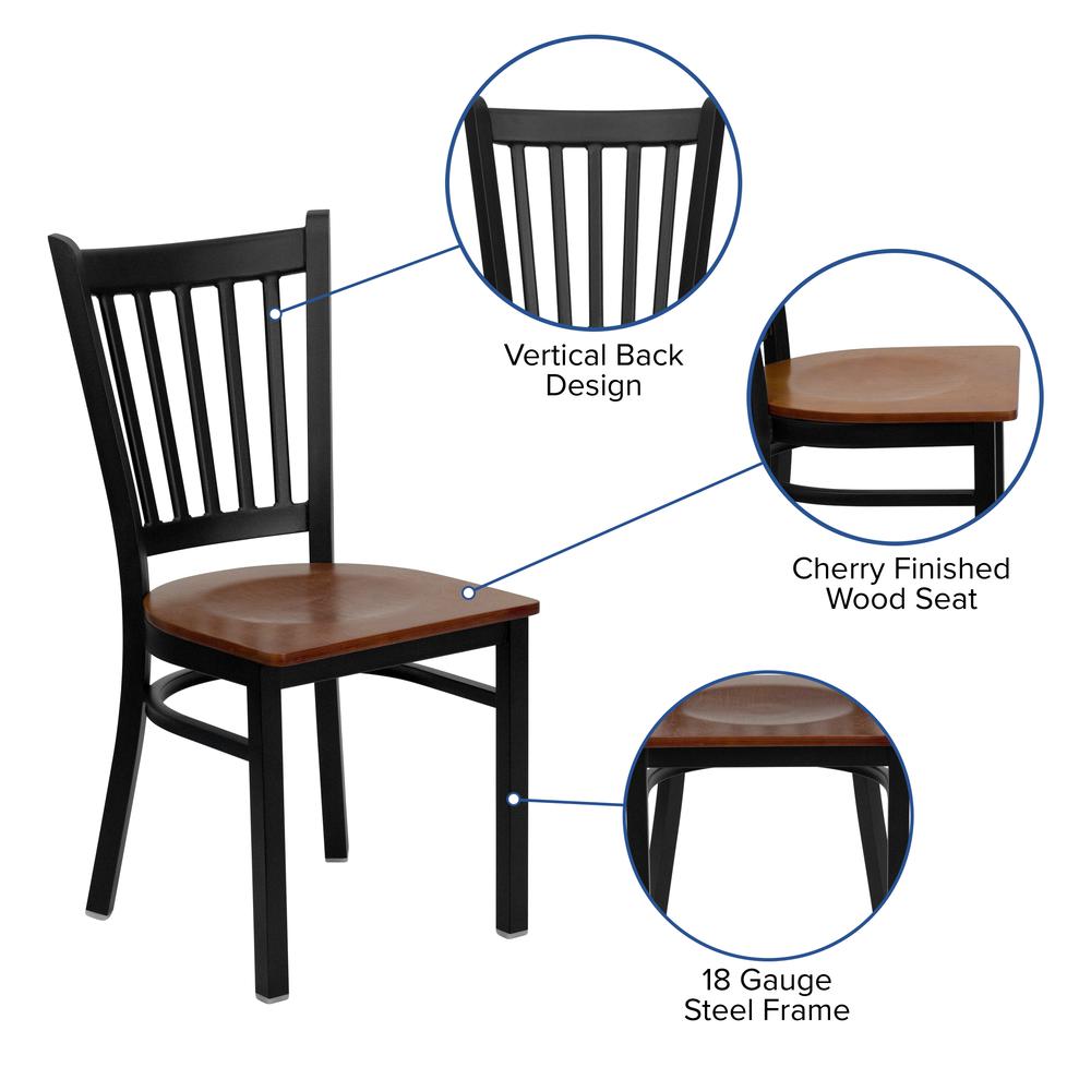 Black Vertical Back Metal Restaurant Chair - Cherry Wood Seat. Picture 5