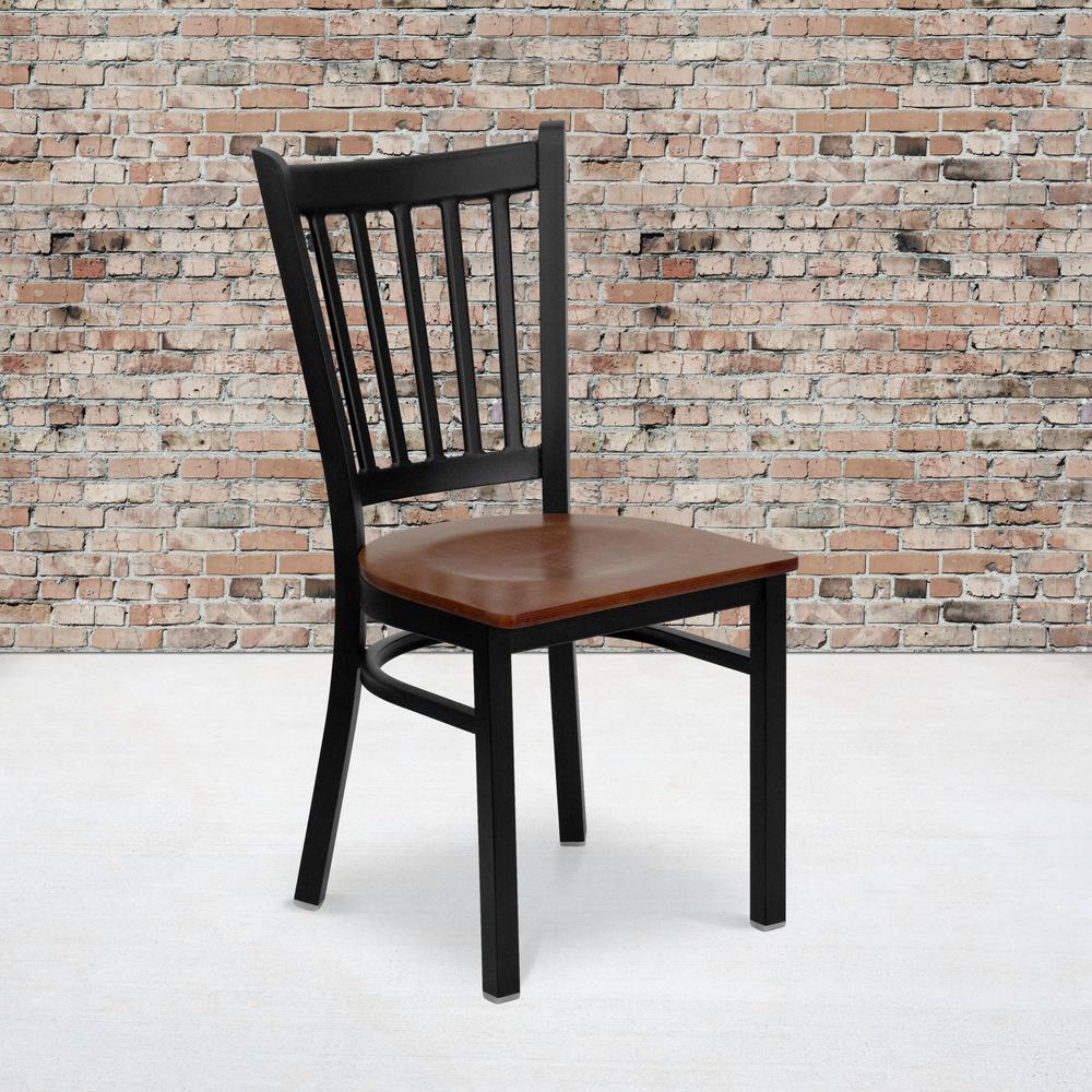 Black Vertical Back Metal Restaurant Chair - Cherry Wood Seat. Picture 8