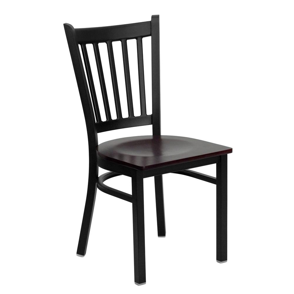 Black Vertical Back Metal Restaurant Chair - Mahogany Wood Seat. Picture 1