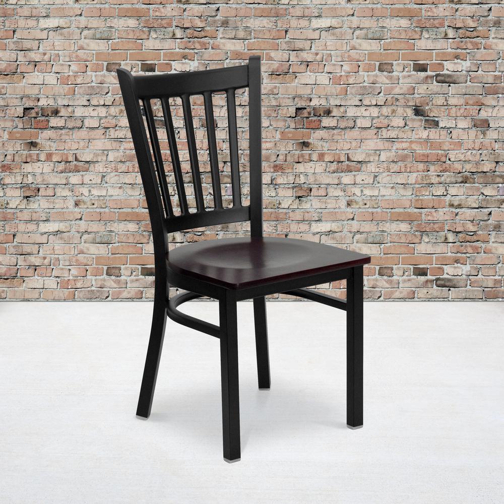 Black Vertical Back Metal Restaurant Chair - Mahogany Wood Seat. Picture 5
